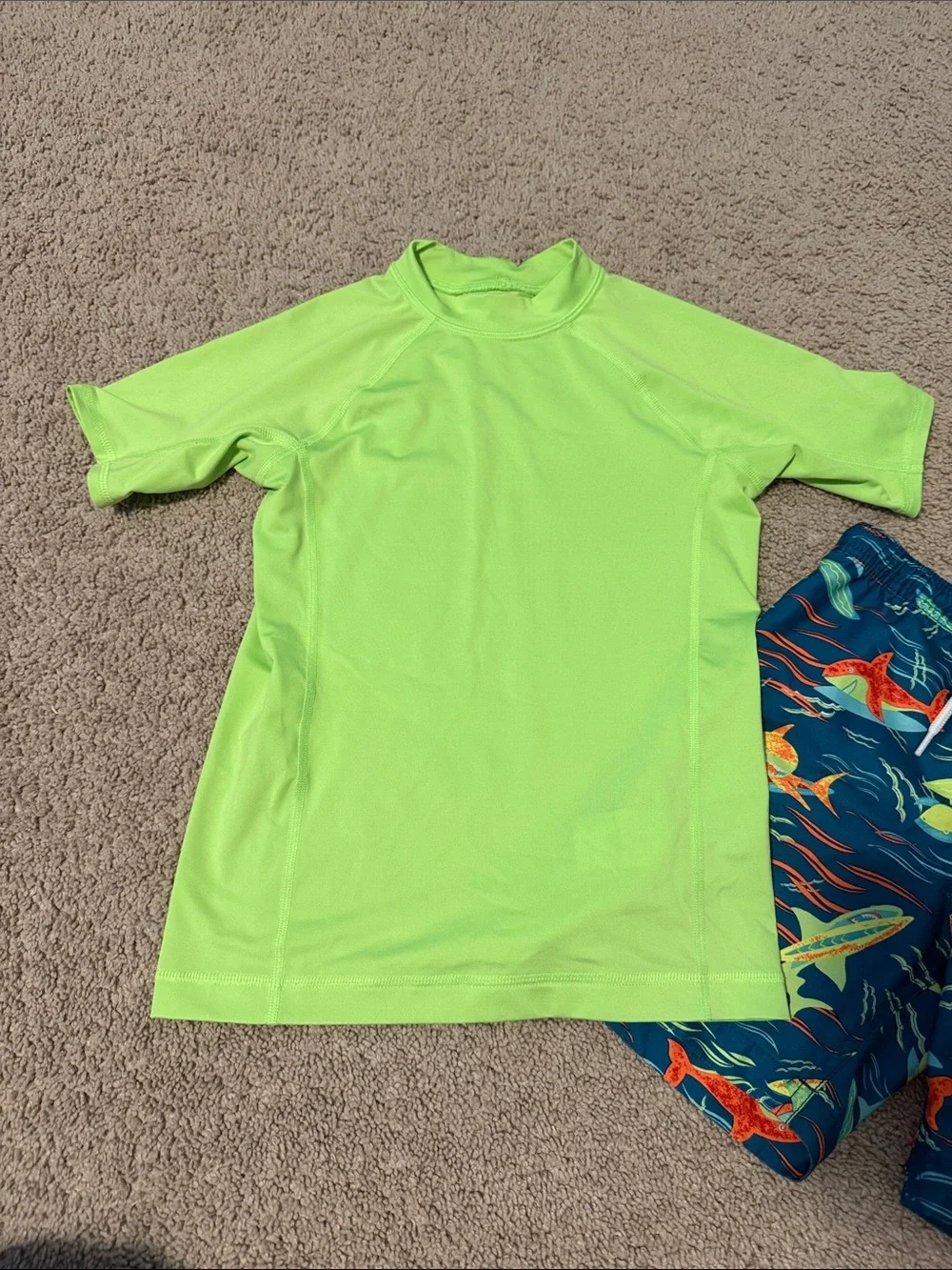 Lands' End Neon Green Rash Guard with Navy Shark-Print Swim Trunks